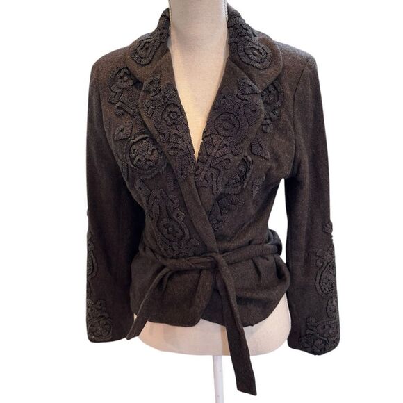 Megan Park England Brown Wool Angora Belted Open Front Sweater Jacket Floral M - Picture 1 of 7